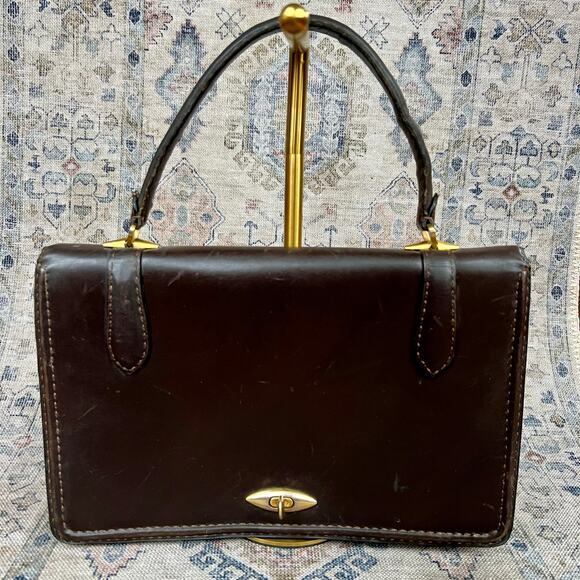 Vintage Handbags - Vintage 50s Del Taglia Italian Leather Top Handle Bag Brown Structured Handbag